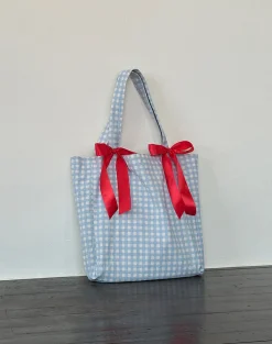 Motel Rocks Accessories-Barbara Tote Bag in Blue Gingham with Red Bow