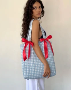 Motel Rocks Accessories-Barbara Tote Bag in Blue Gingham with Red Bow