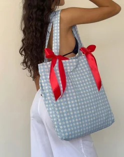 Motel Rocks Accessories-Barbara Tote Bag in Blue Gingham with Red Bow