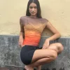 Motel Rocks Printed Tops | Going Out Tops-Bastille Top in Mesh Printed Orange Sunset