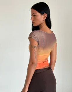 Motel Rocks Printed Tops | Going Out Tops-Bastille Top in Mesh Printed Orange Sunset