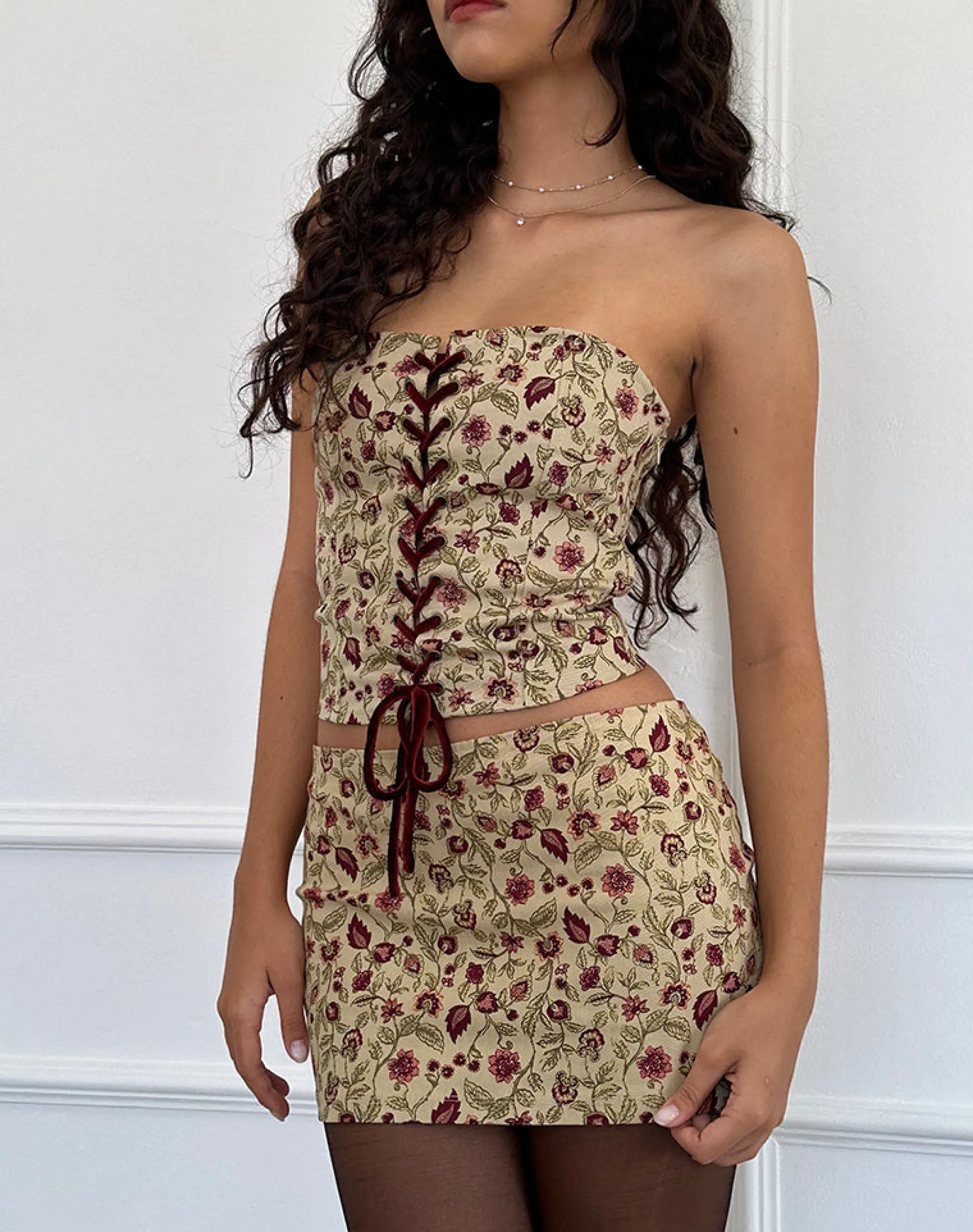 Motel Rocks Co-Ords | Printed Skirts-Bebeka Micro Mini Skirt in Botanical Taupe BotanicalTaupe