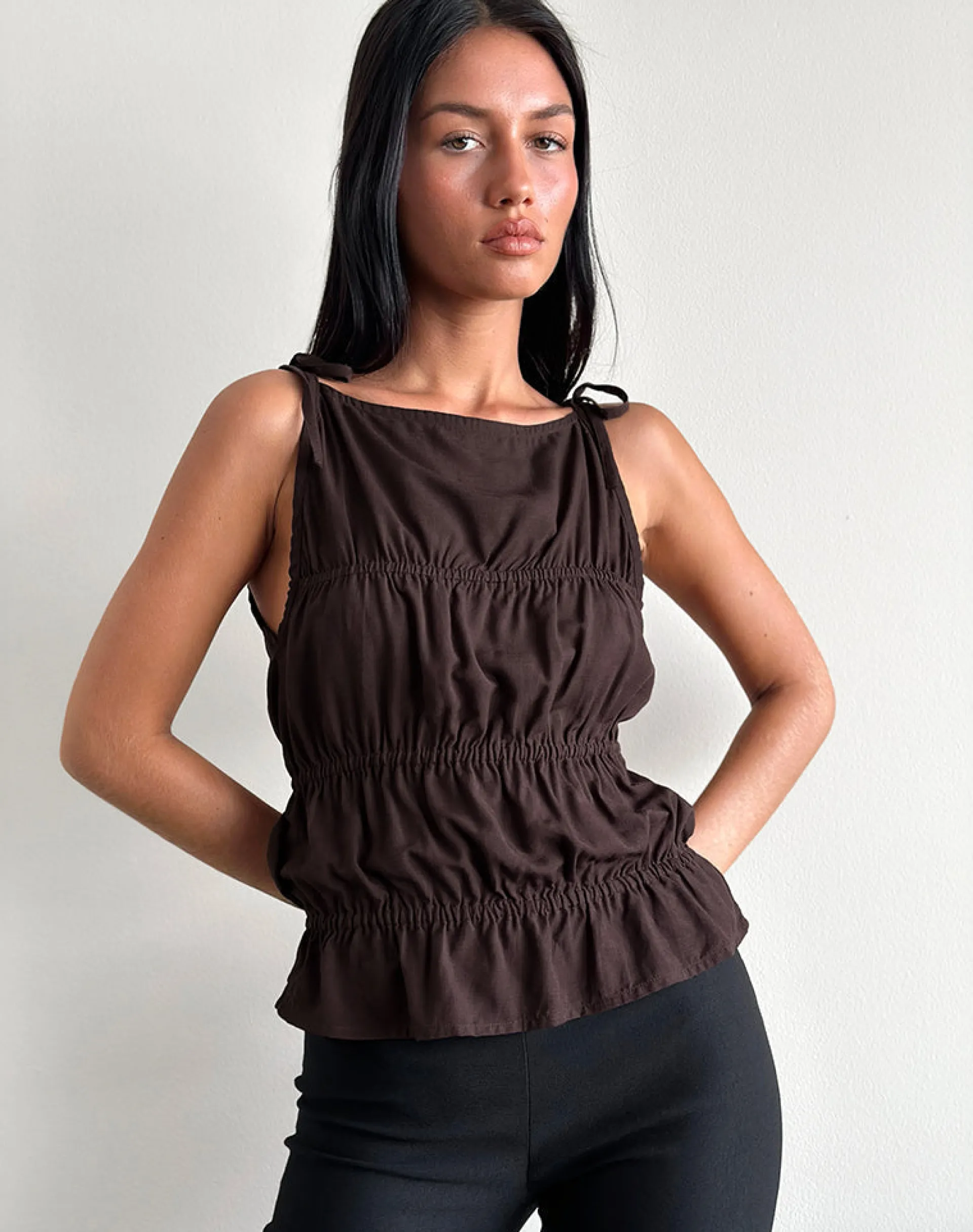 Motel Rocks Vest Tops-Beck Ruched Tie Strap Top in Bitter Chocolate