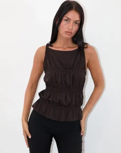 Motel Rocks Vest Tops-Beck Ruched Tie Strap Top in Bitter Chocolate