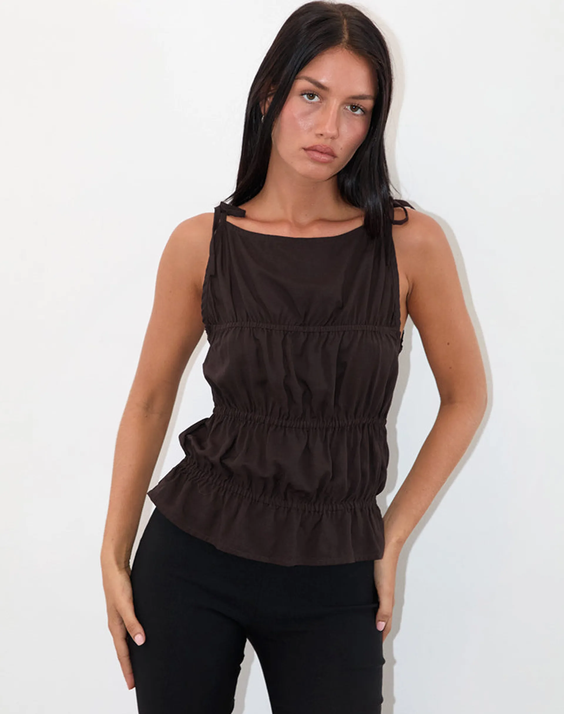Motel Rocks Vest Tops-Beck Ruched Tie Strap Top in Bitter Chocolate