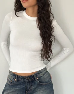 Motel Rocks Basics | Basic Tops-Beech Ribbed Long Sleeve Top in Off White