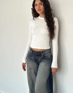 Motel Rocks Basics | Basic Tops-Beech Ribbed Long Sleeve Top in Off White