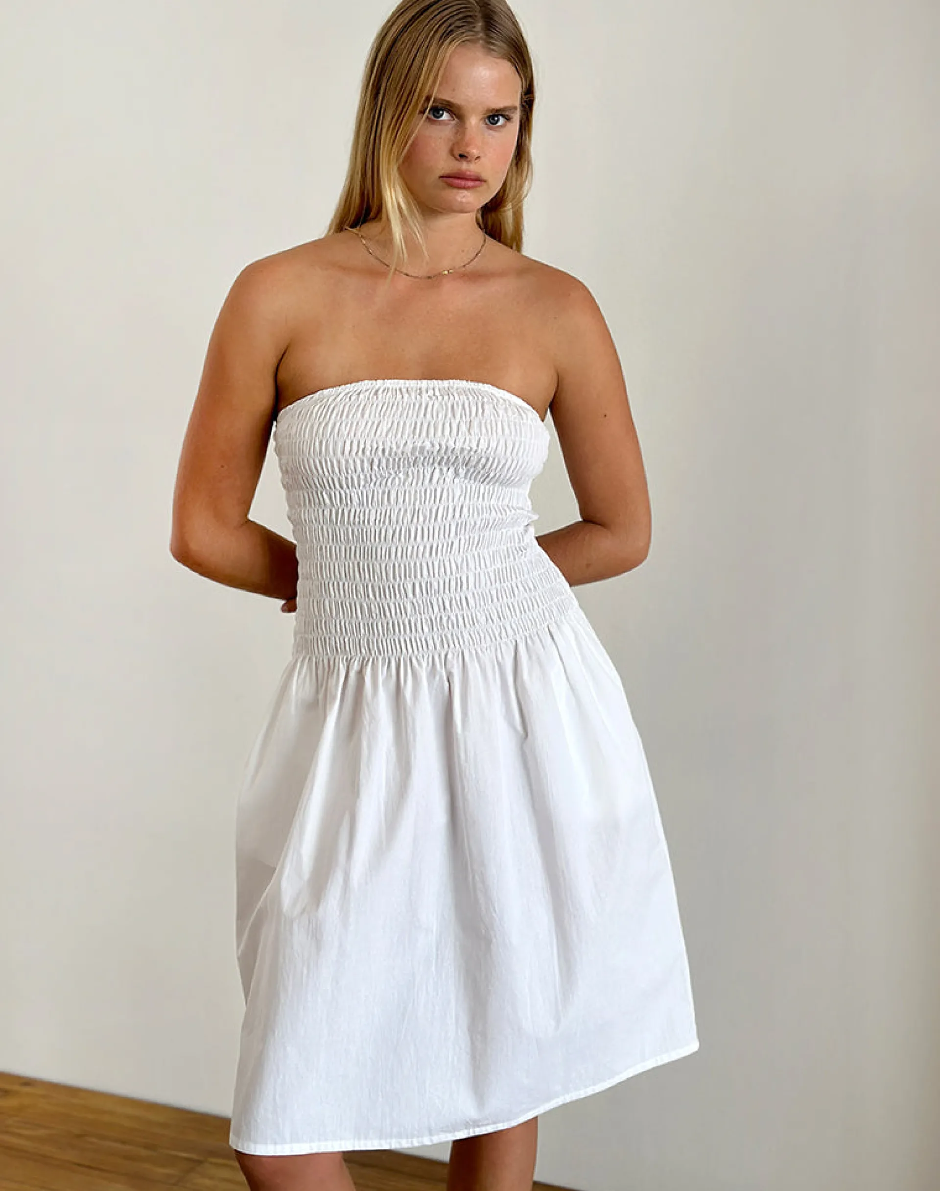 Motel Rocks Bandeau Dresses | Day Dresses-Belesi Bandeau Midi Dress in Poplin White PoplinWhite