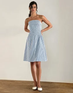 Motel Rocks Printed Dresses | Bandeau Dresses-Belesi Midi Dress in Blue Small Vertical Stripe BlueSmallVerticalStripe