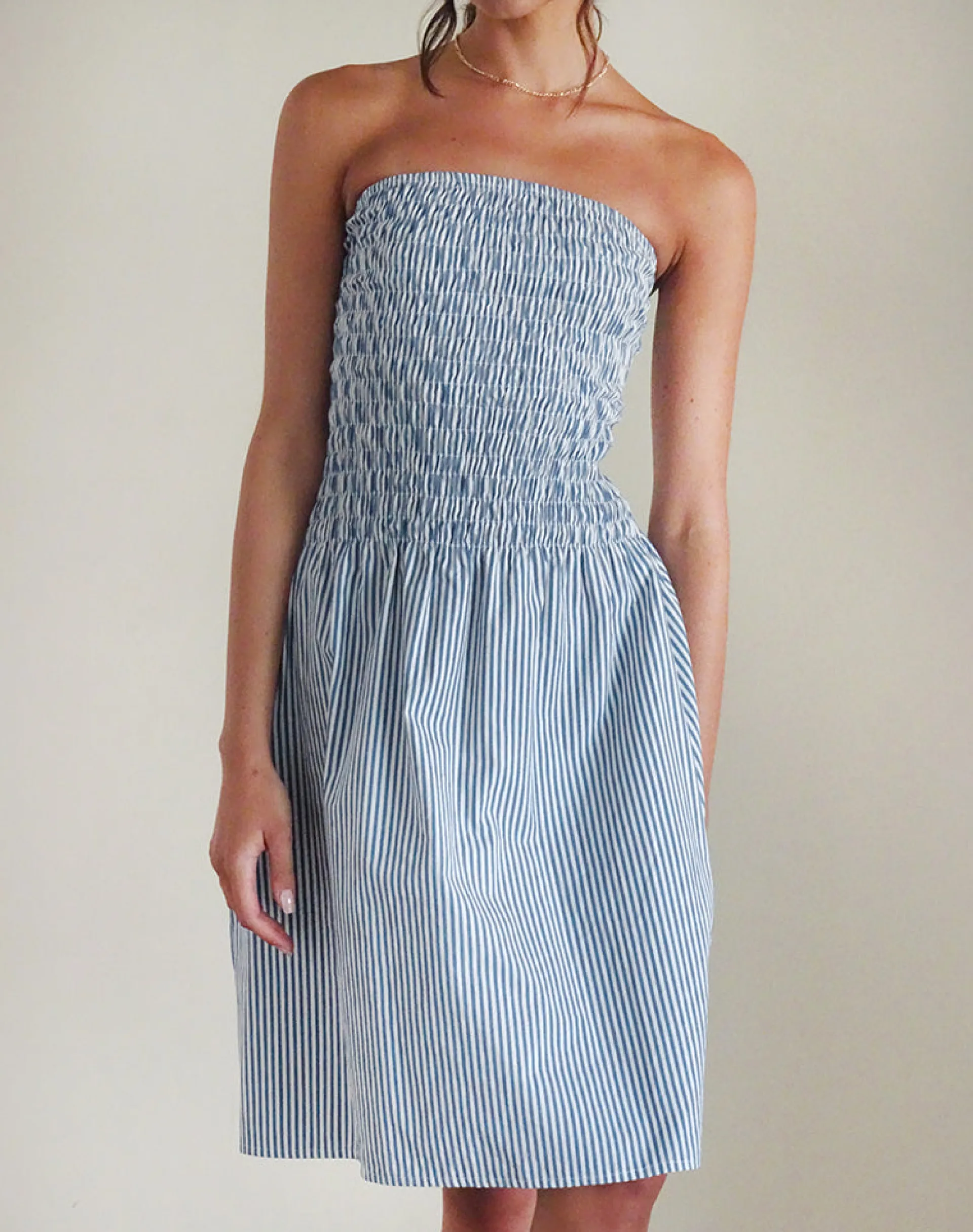 Motel Rocks Printed Dresses | Bandeau Dresses-Belesi Midi Dress in Blue Small Vertical Stripe BlueSmallVerticalStripe