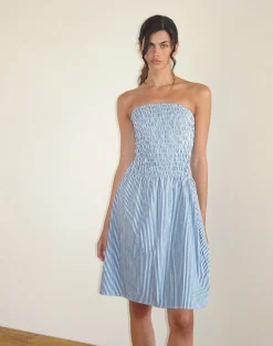 Motel Rocks Printed Dresses | Bandeau Dresses-Belesi Midi Dress in Blue Small Vertical Stripe BlueSmallVerticalStripe