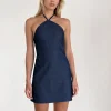 Motel Rocks Mini Dresses-Belinda Halterneck Mini Dress in Denim Chambray Indigo