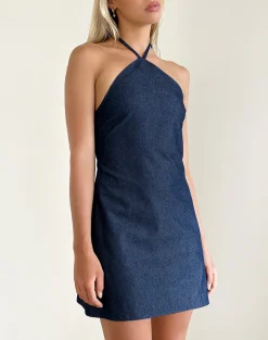 Motel Rocks Mini Dresses-Belinda Halterneck Mini Dress in Denim Chambray Indigo