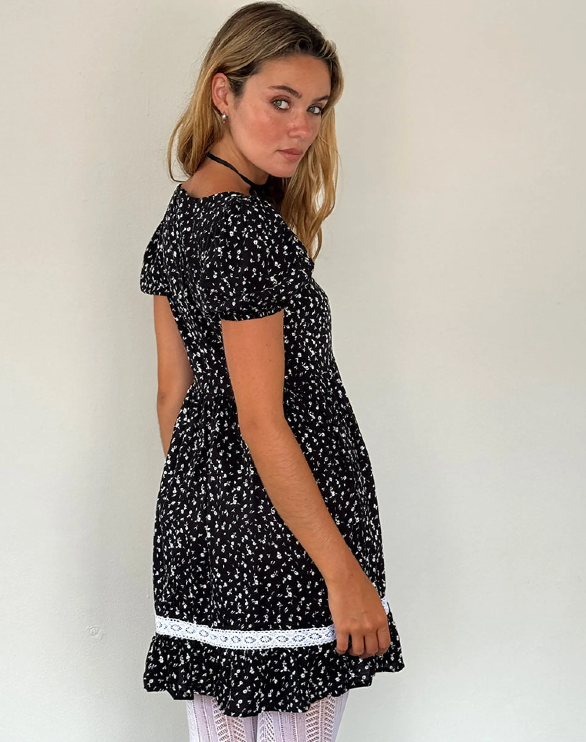 Motel Rocks Printed Dresses | Day Dresses-Beling Mini Tea Dress in Black Ditsy Romance