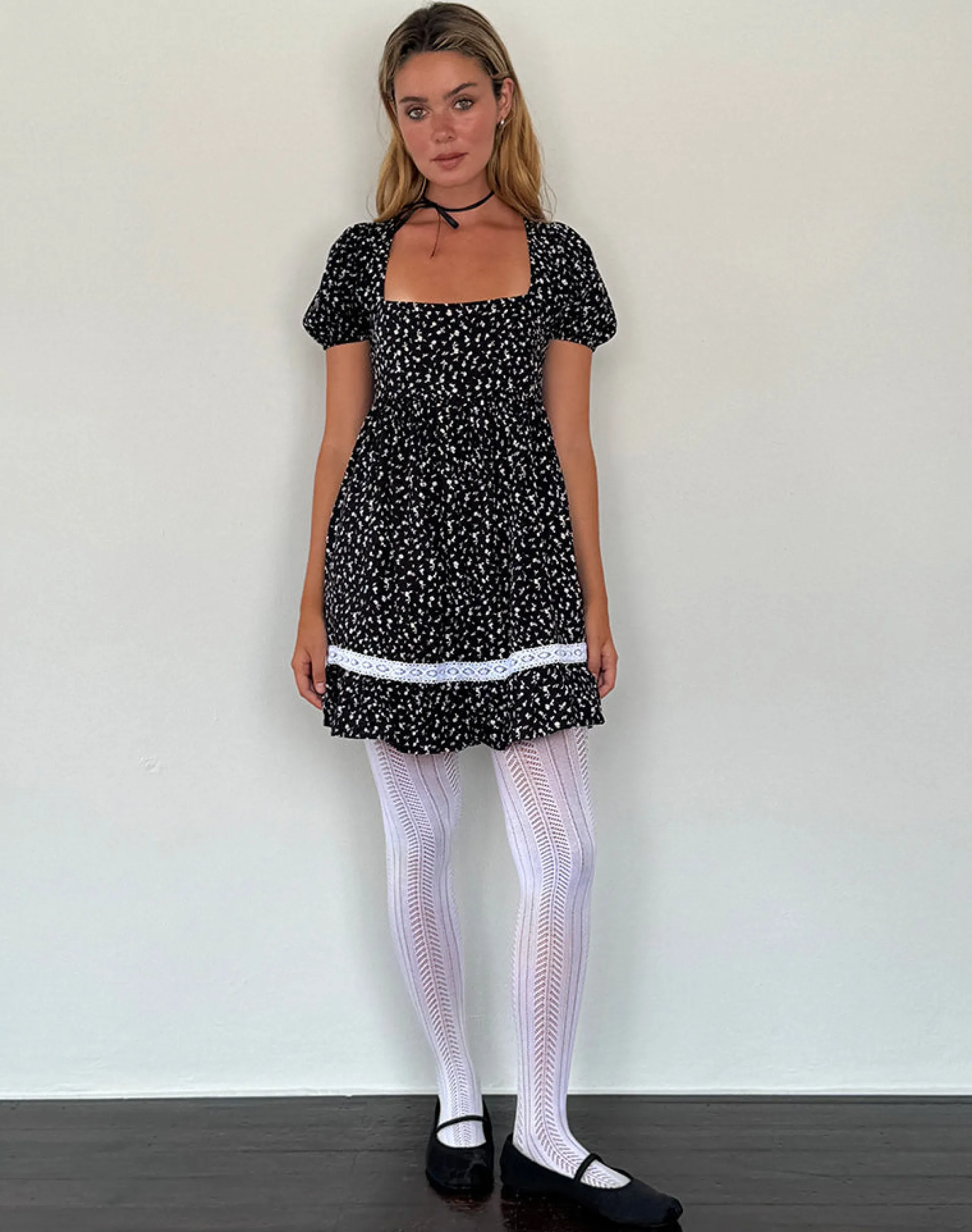 Motel Rocks Printed Dresses | Day Dresses-Beling Mini Tea Dress in Black Ditsy Romance