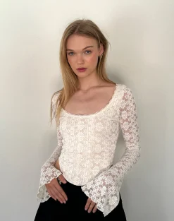 Motel Rocks Corset Tops | Long Sleeve Tops-Belle Long Sleeve Top in Regal Lace Ivory RegalLaceIvory
