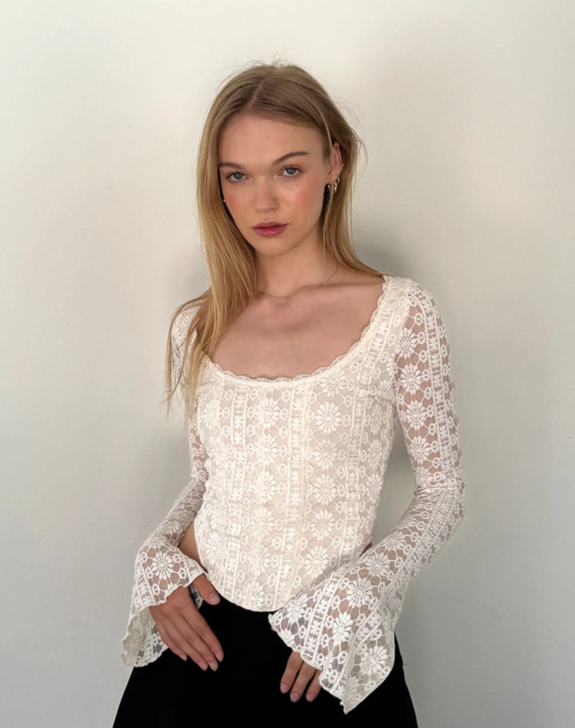 Motel Rocks Corset Tops | Long Sleeve Tops-Belle Long Sleeve Top in Regal Lace Ivory RegalLaceIvory