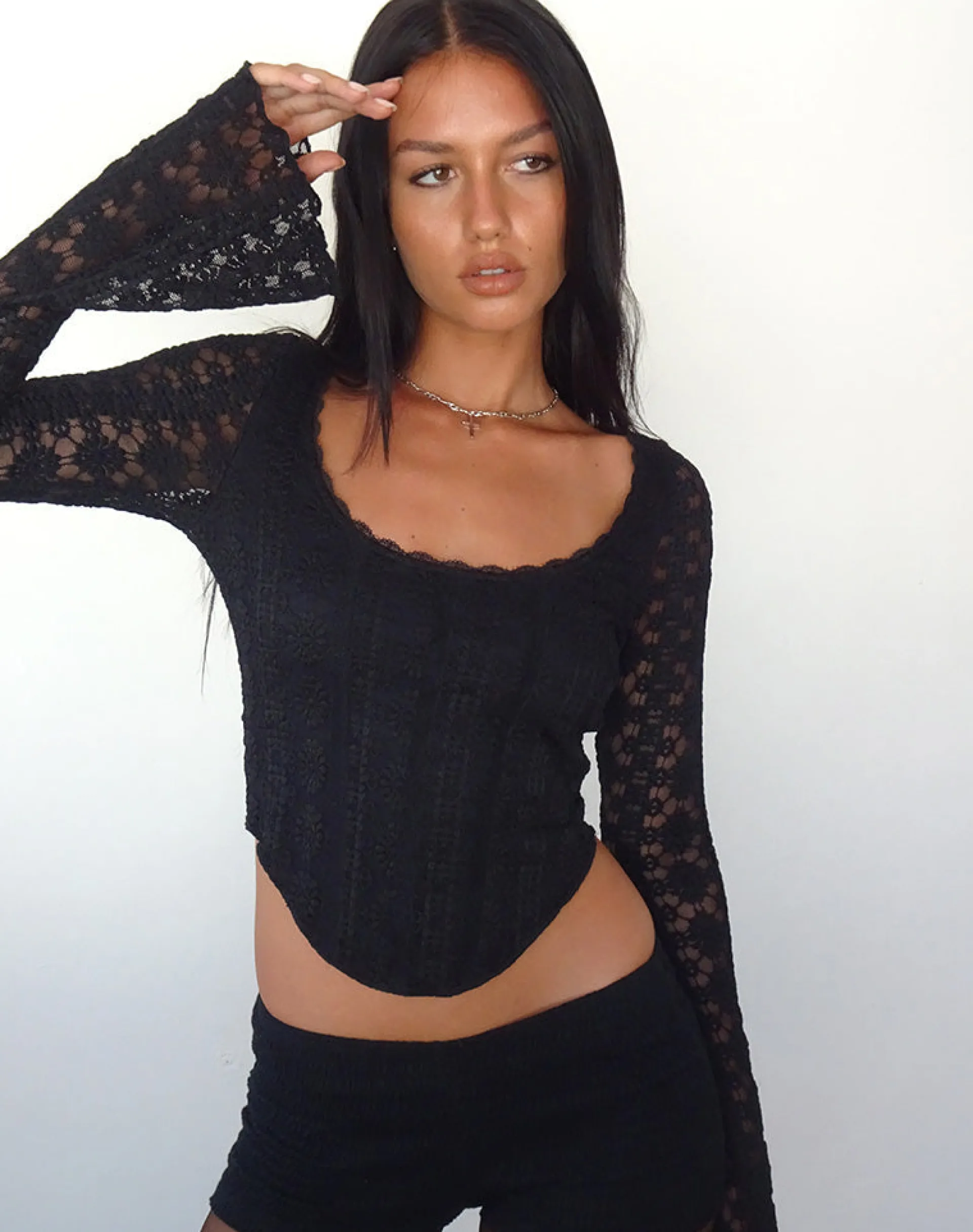 Motel Rocks Long Sleeve Tops | Going Out Tops-Belle Long Sleeve Top in Regal Lace Black RegalLaceBlack