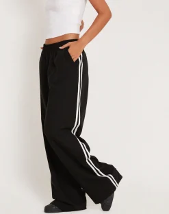 Motel Rocks Tailoring | Wide Leg Pants-Bennett Wide Leg Trouser in Tailoring Black with White Stripe TailoringBlackwithWhiteStripe