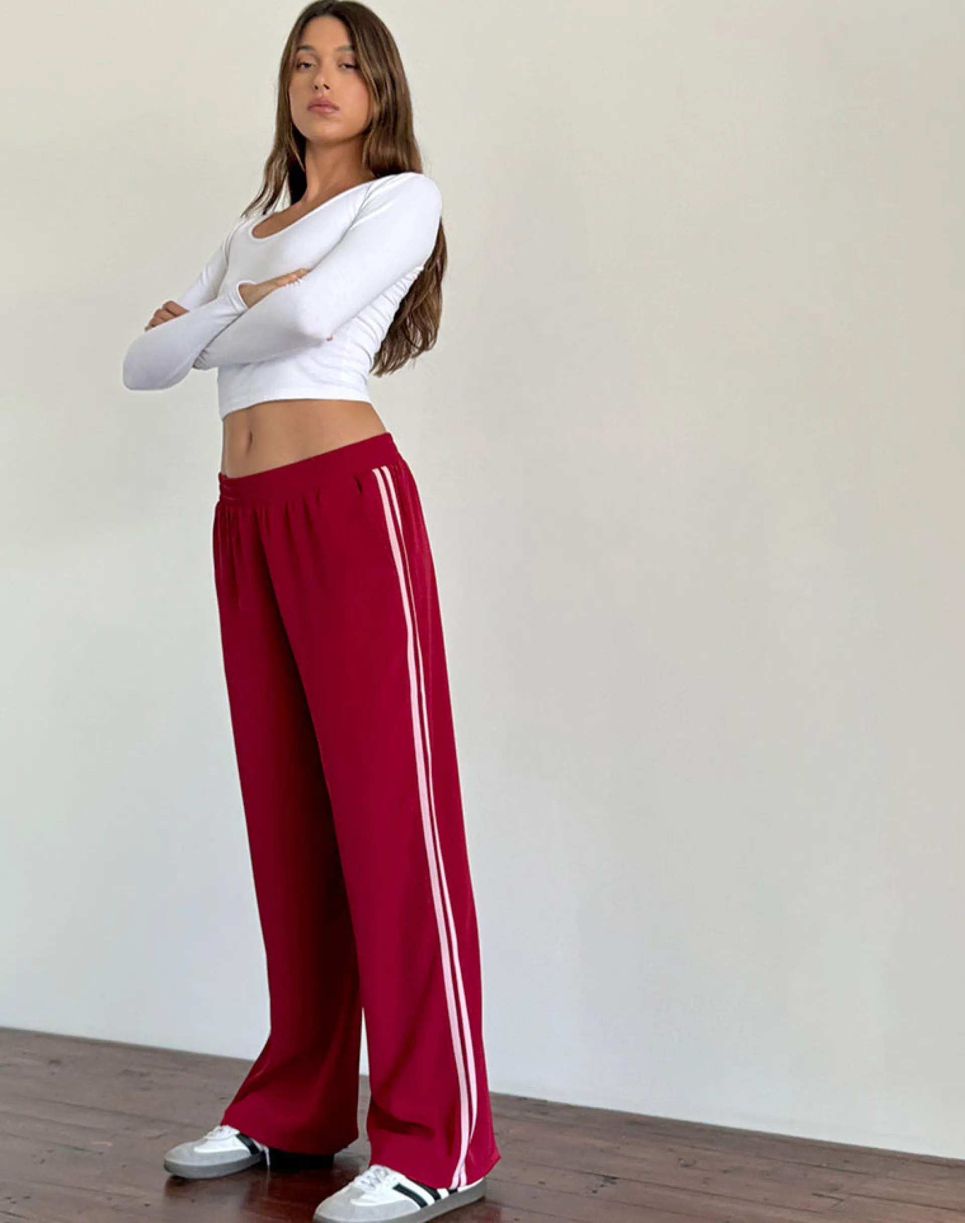 Motel Rocks Wide Leg Pants-Bennett Wide Leg Trouser in Tailoring Red with Pink Stripe TailoringRedwithPinkStripe