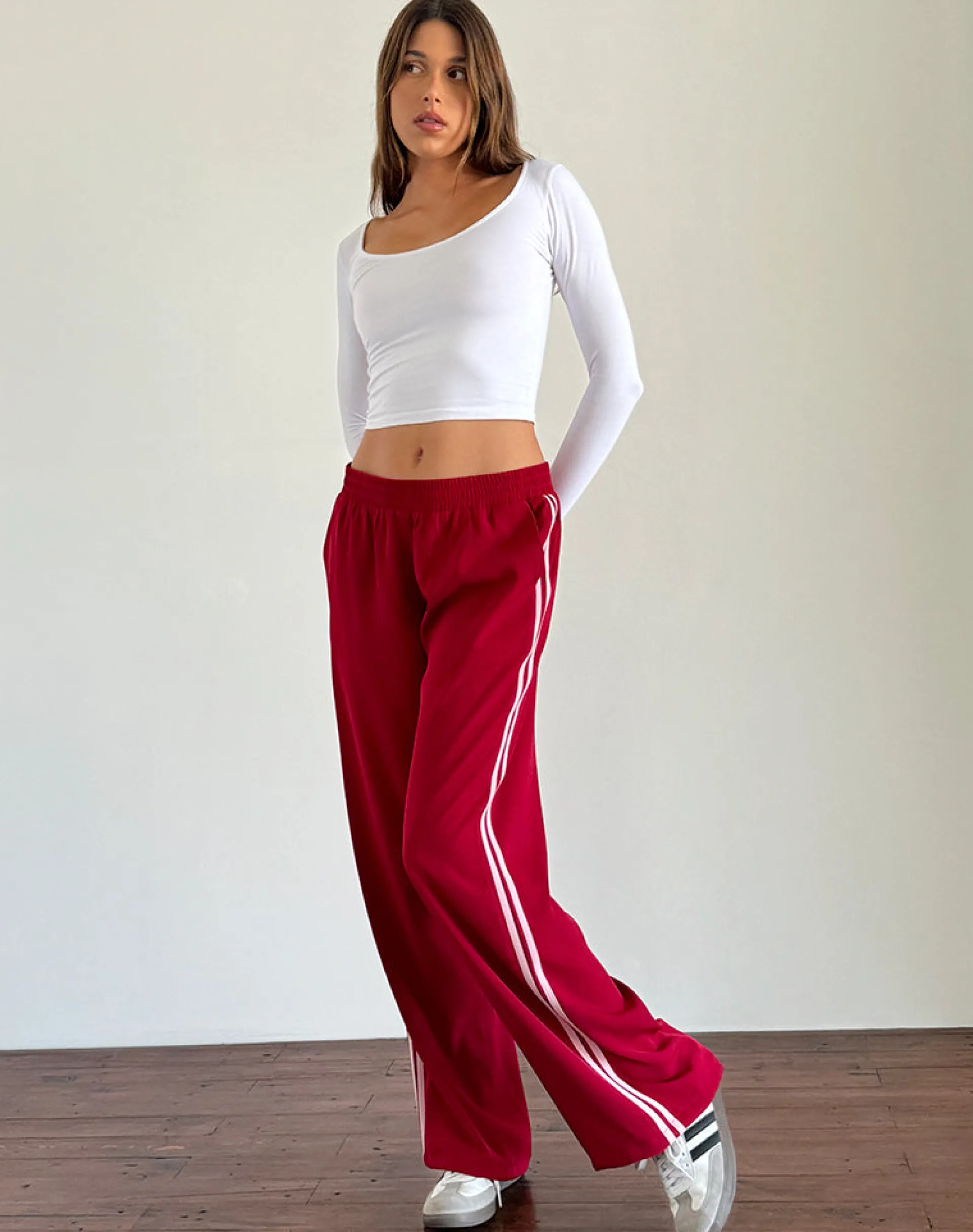Motel Rocks Wide Leg Pants-Bennett Wide Leg Trouser in Tailoring Red with Pink Stripe TailoringRedwithPinkStripe