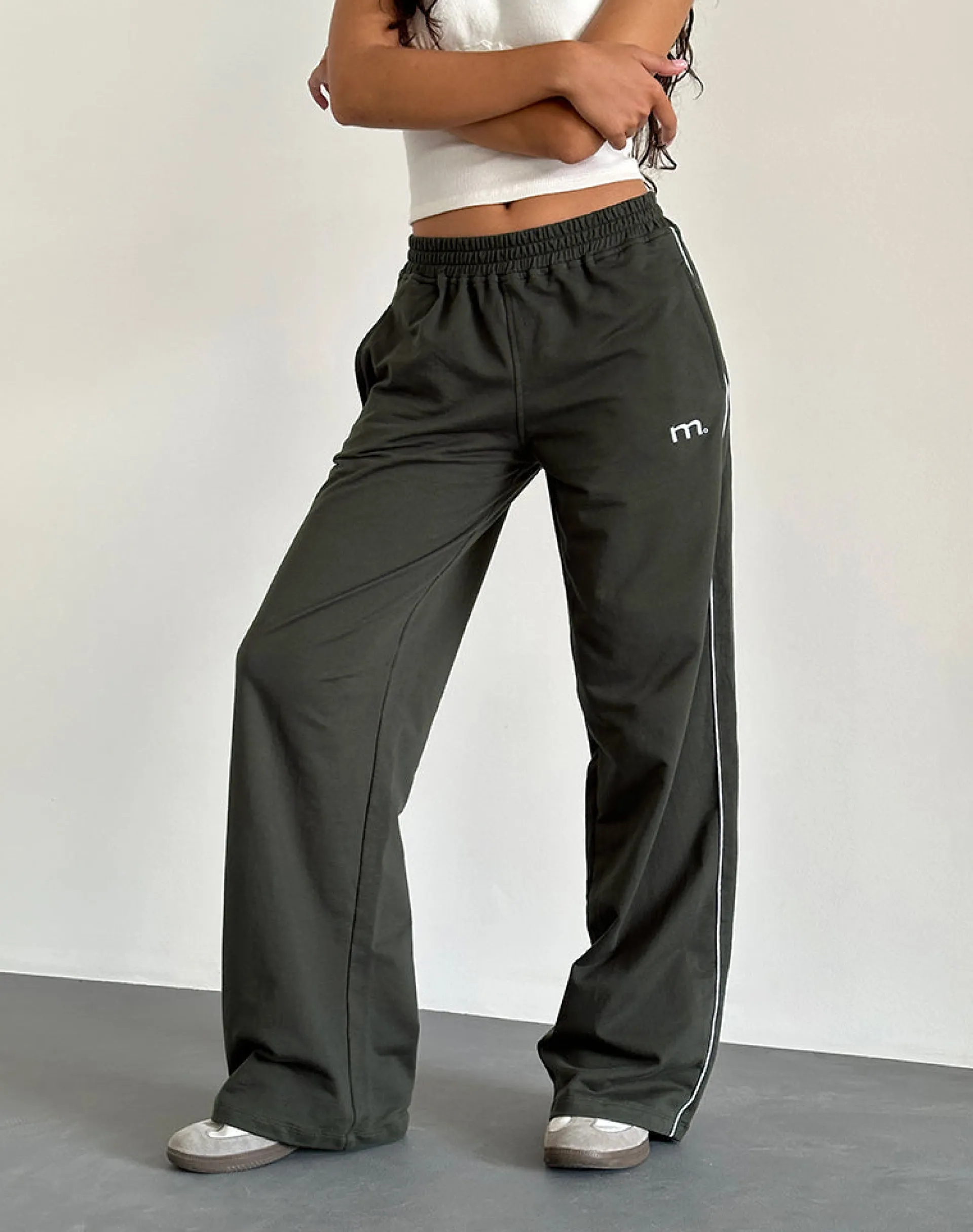 Motel Rocks Wide Leg Pants | Low Rise Pants-Benton Wide Leg Jogger in Olive with 'M' Embroidery Olivewith'M'Embroidery.
