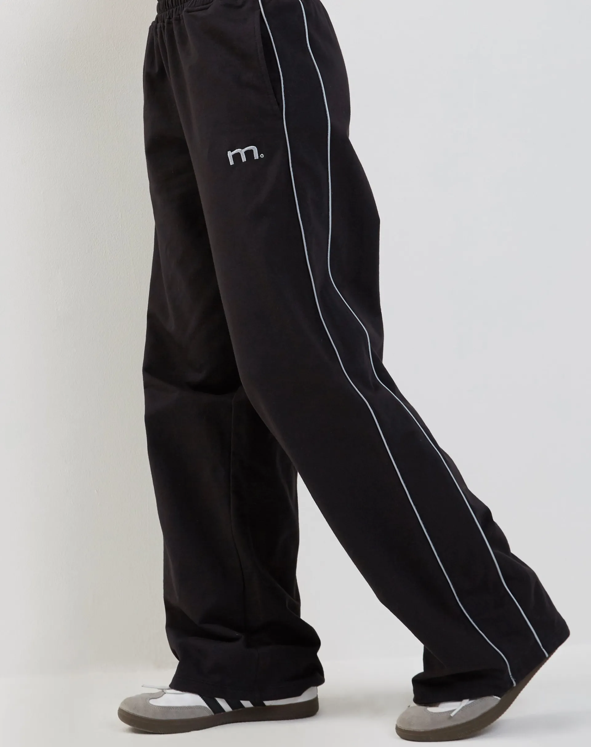 Motel Rocks Loungewear | Wide Leg Pants-Benton Wide Leg Jogger in Black with Dark Grey Piping and 'M' Embroidery BlackwithDarkGreyPipingand'M'Embroidery