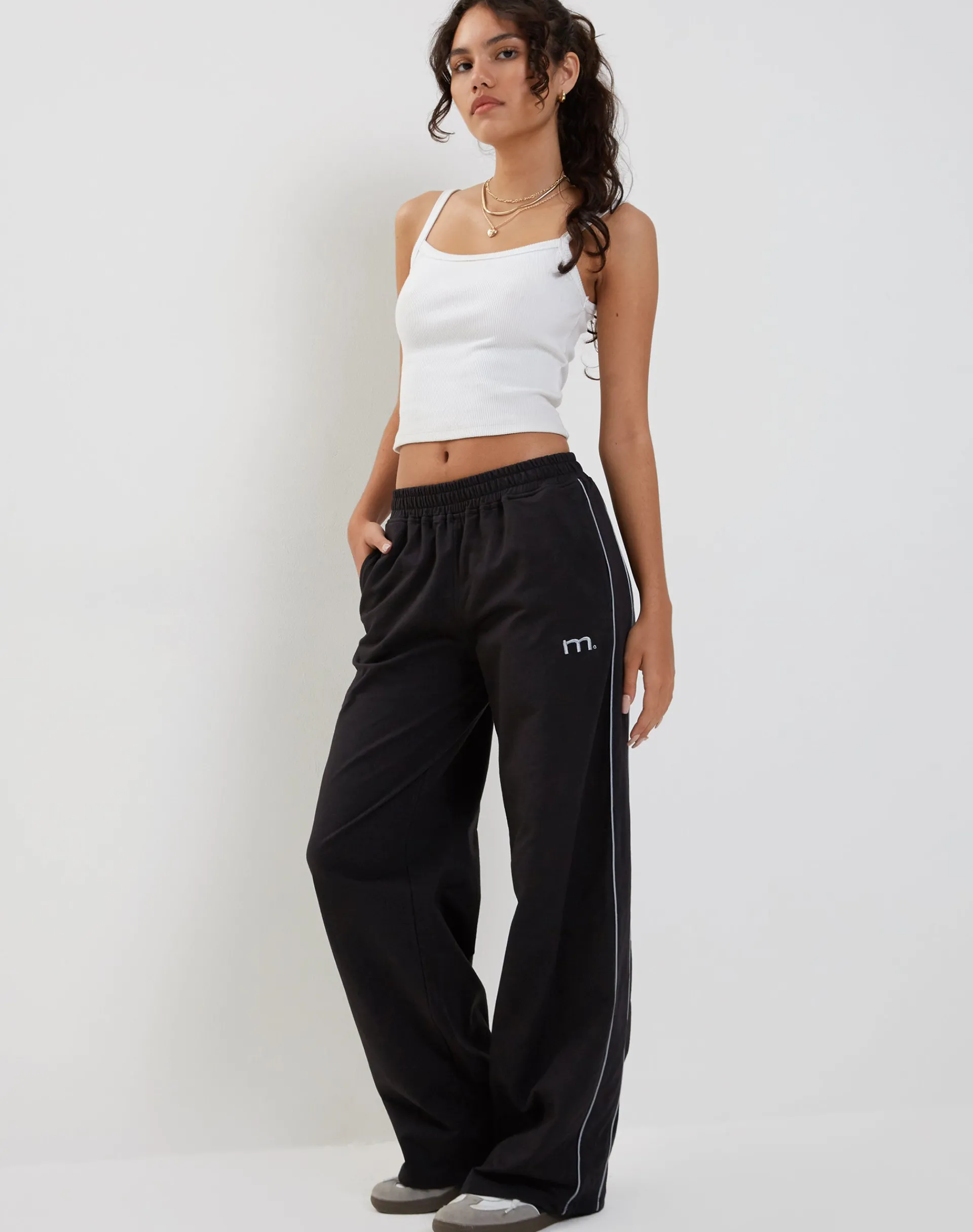 Motel Rocks Loungewear | Wide Leg Pants-Benton Wide Leg Jogger in Black with Dark Grey Piping and 'M' Embroidery BlackwithDarkGreyPipingand'M'Embroidery