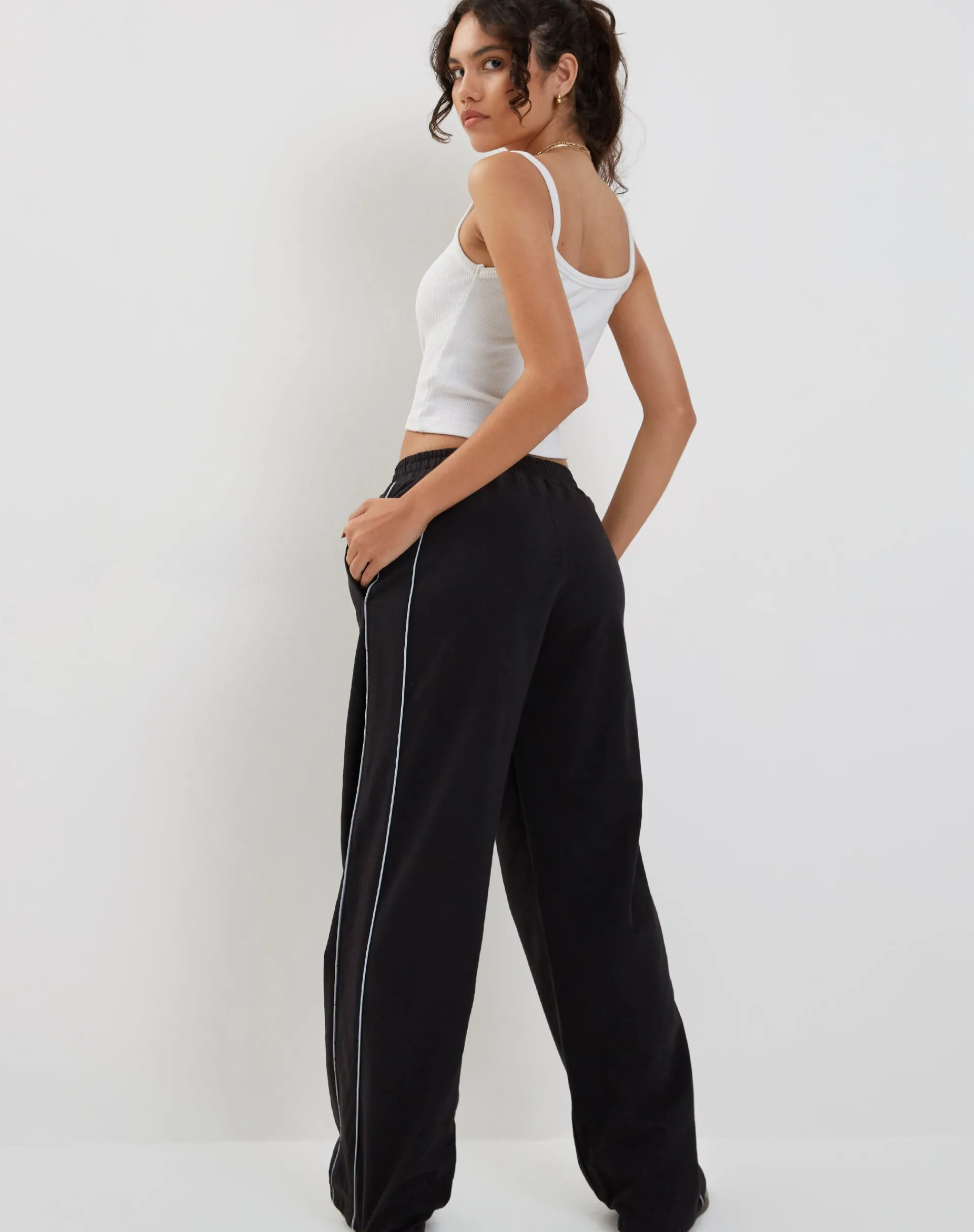 Motel Rocks Loungewear | Wide Leg Pants-Benton Wide Leg Jogger in Black with Dark Grey Piping and 'M' Embroidery BlackwithDarkGreyPipingand'M'Embroidery
