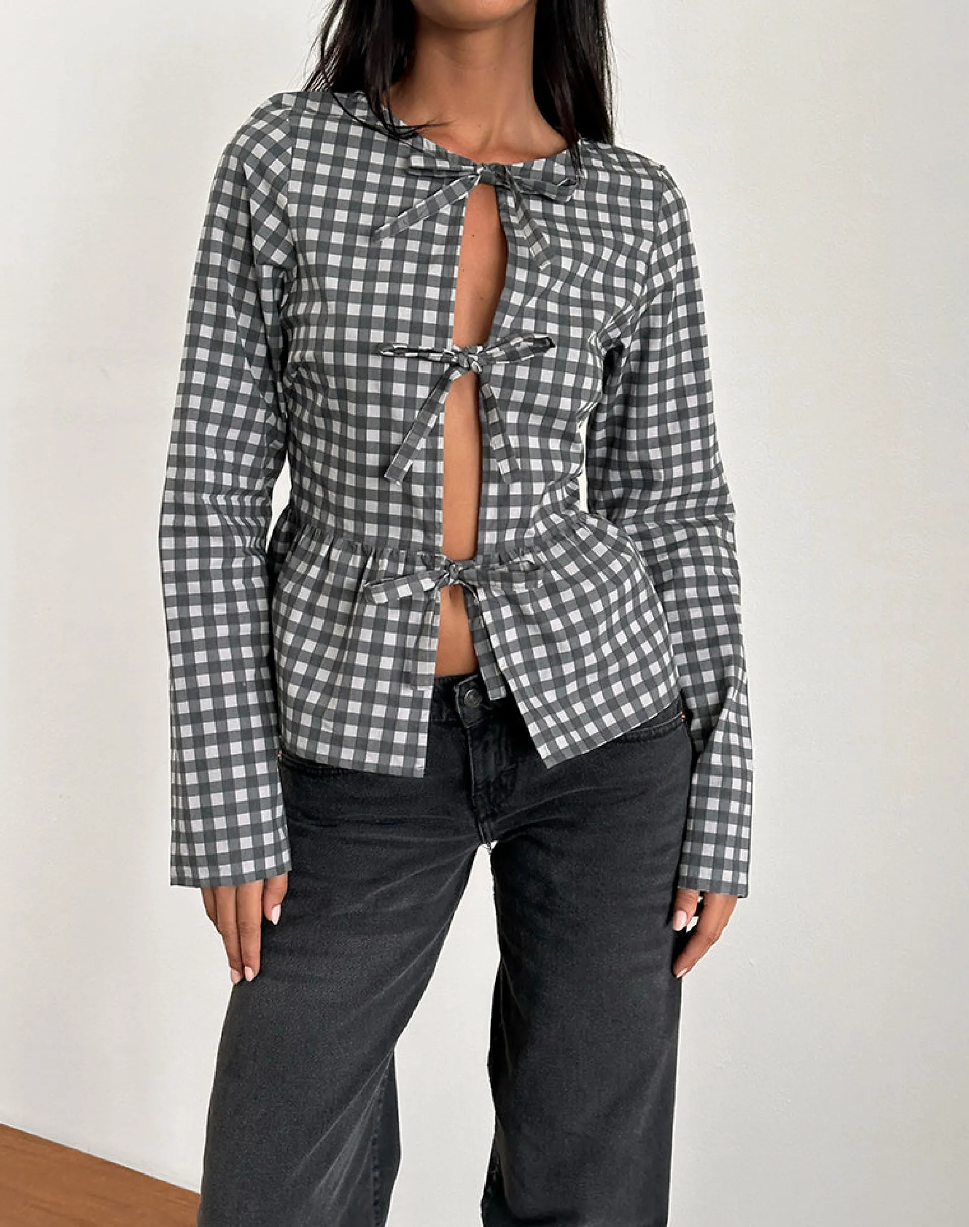Motel Rocks Tailoring | Printed Tops-Bertaria Long Sleeve Top in Tonal Gingham Black and Grey