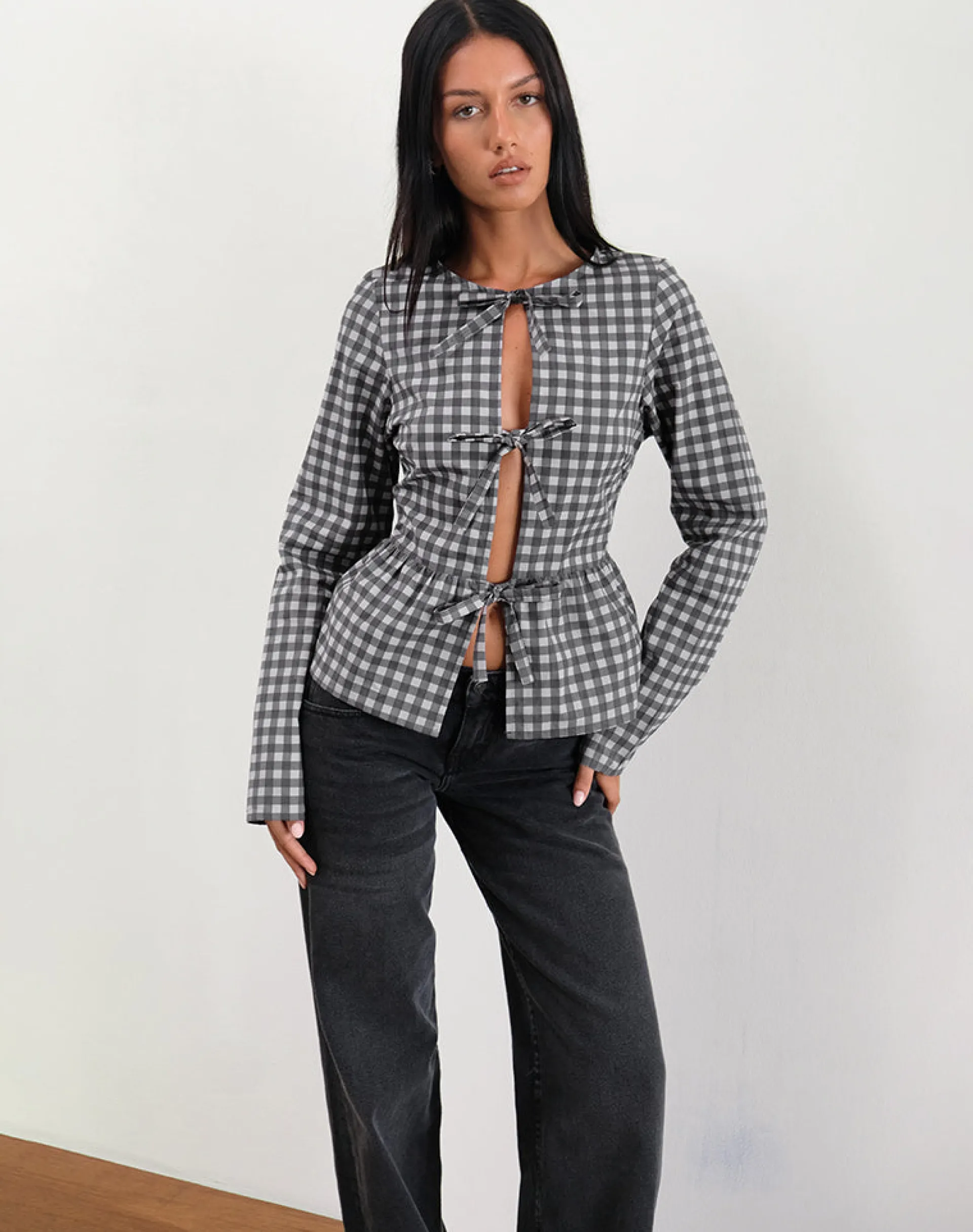 Motel Rocks Tailoring | Printed Tops-Bertaria Long Sleeve Top in Tonal Gingham Black and Grey
