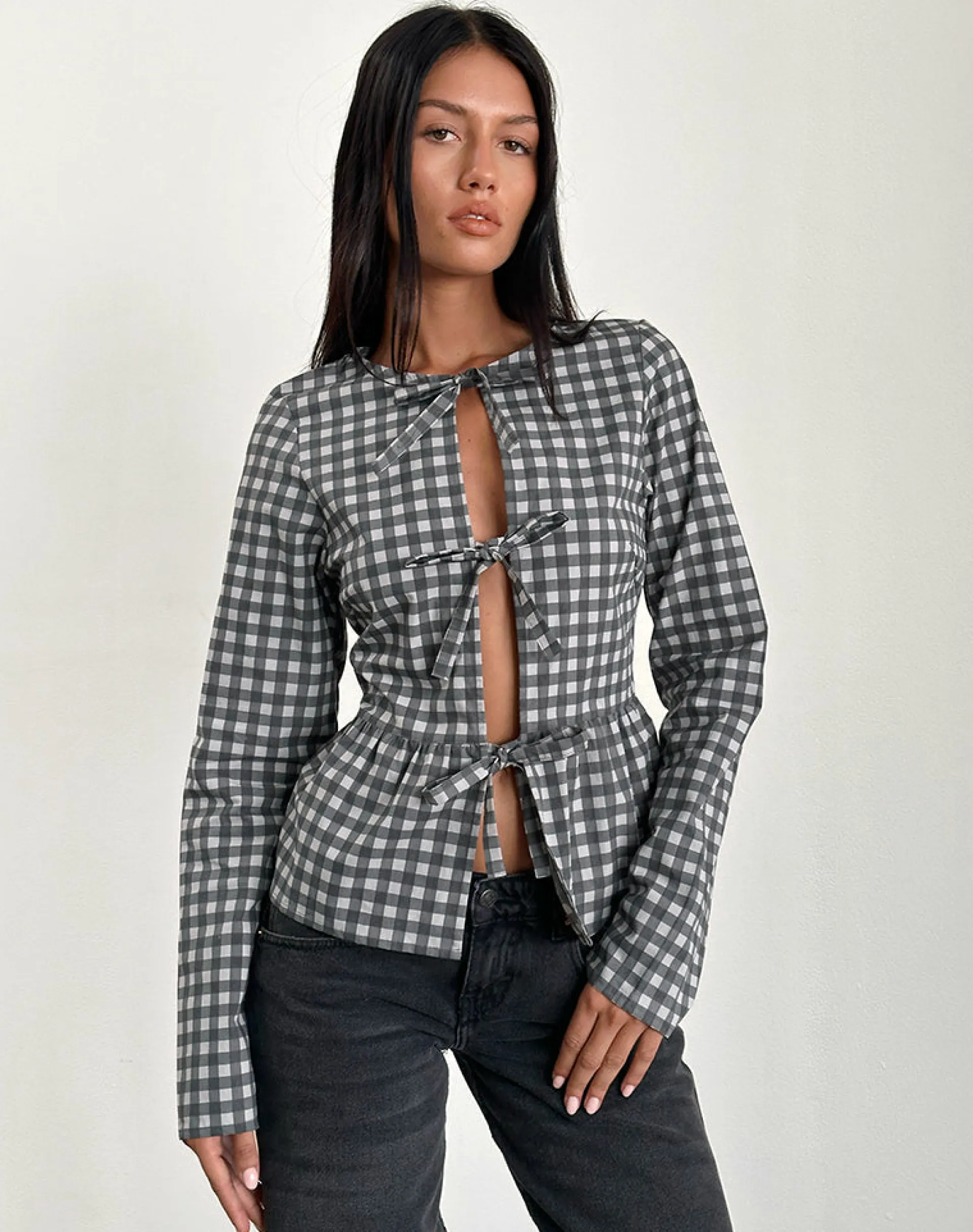 Motel Rocks Tailoring | Printed Tops-Bertaria Long Sleeve Top in Tonal Gingham Black and Grey