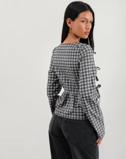 Motel Rocks Tailoring | Printed Tops-Bertaria Long Sleeve Top in Tonal Gingham Black and Grey