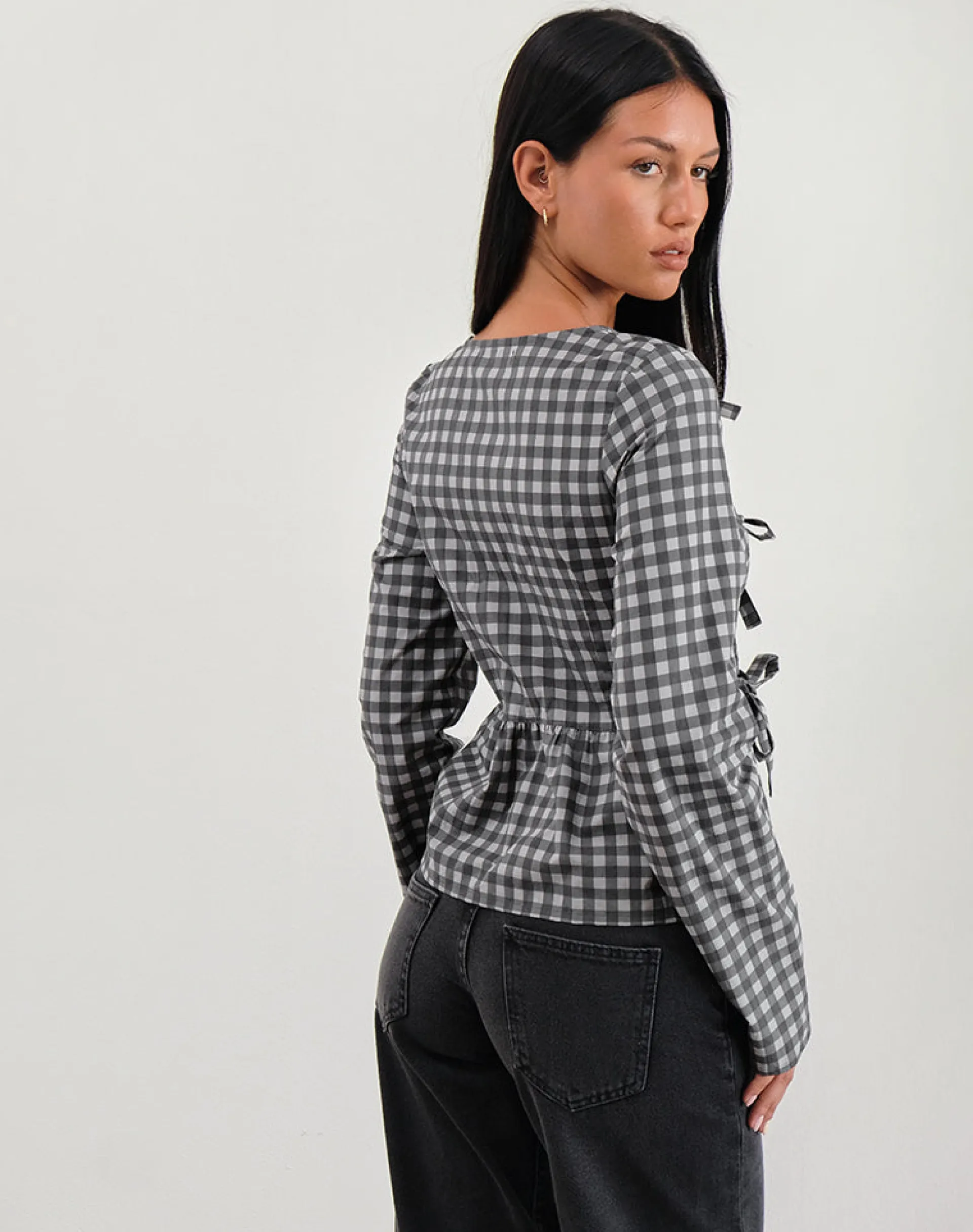 Motel Rocks Tailoring | Printed Tops-Bertaria Long Sleeve Top in Tonal Gingham Black and Grey