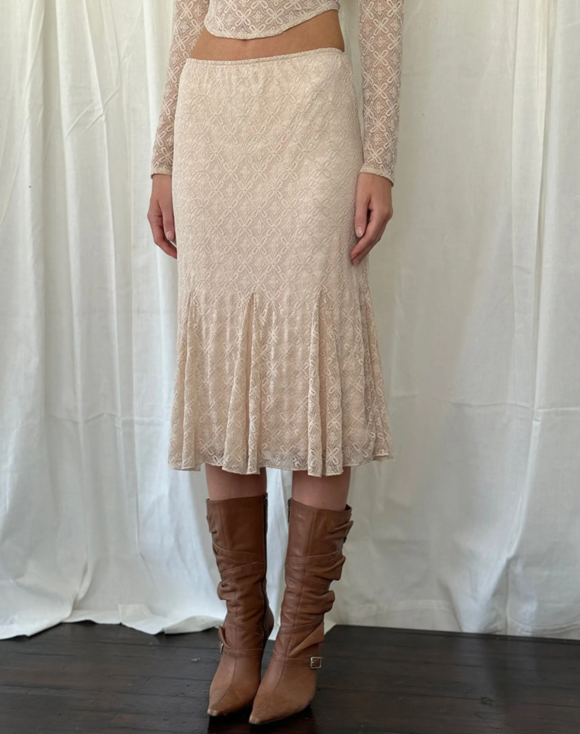 Motel Rocks Midi Skirts-Betharia Frill Detail Midi Skirt in Nude Lace NudeLace