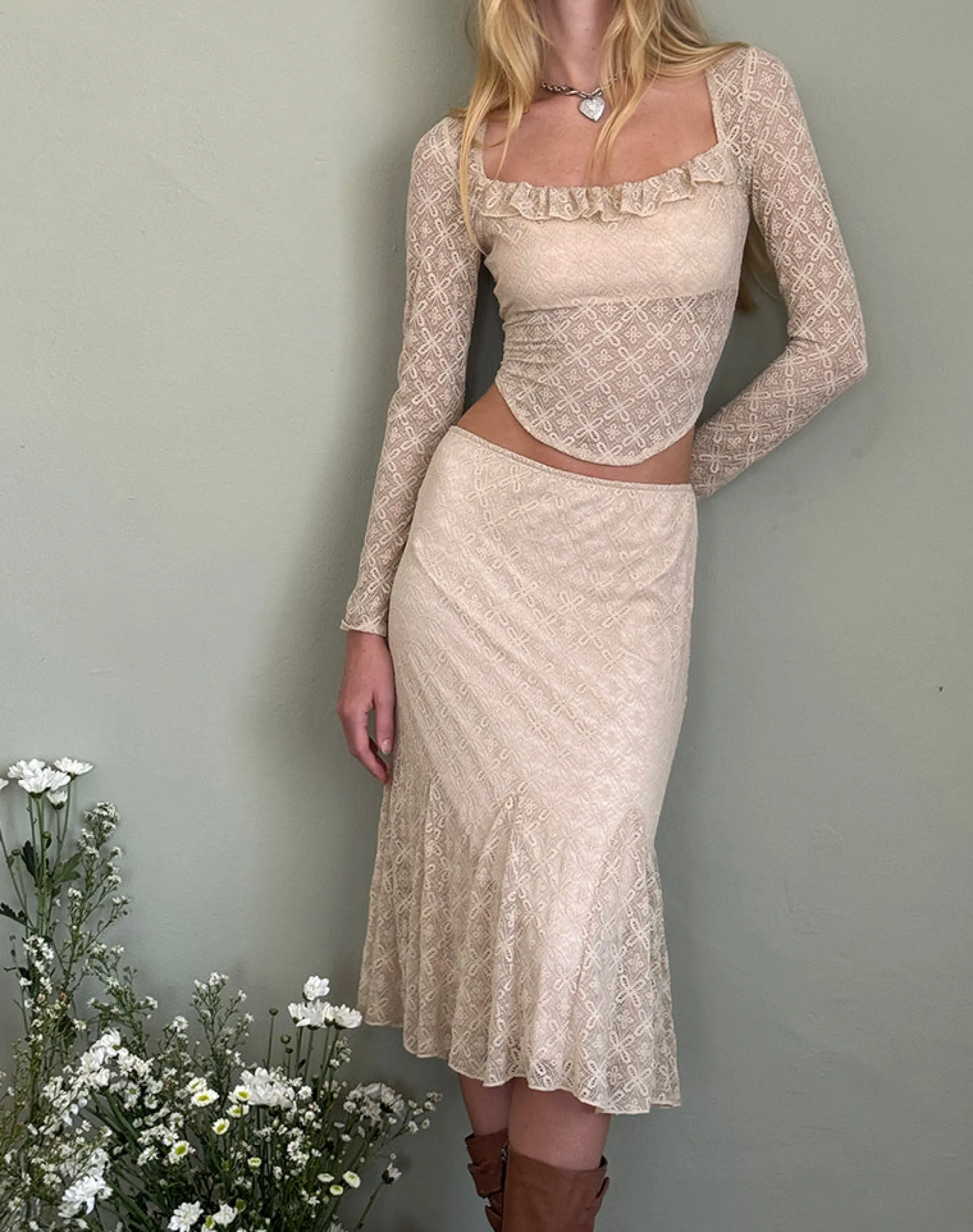 Motel Rocks Midi Skirts-Betharia Frill Detail Midi Skirt in Nude Lace NudeLace