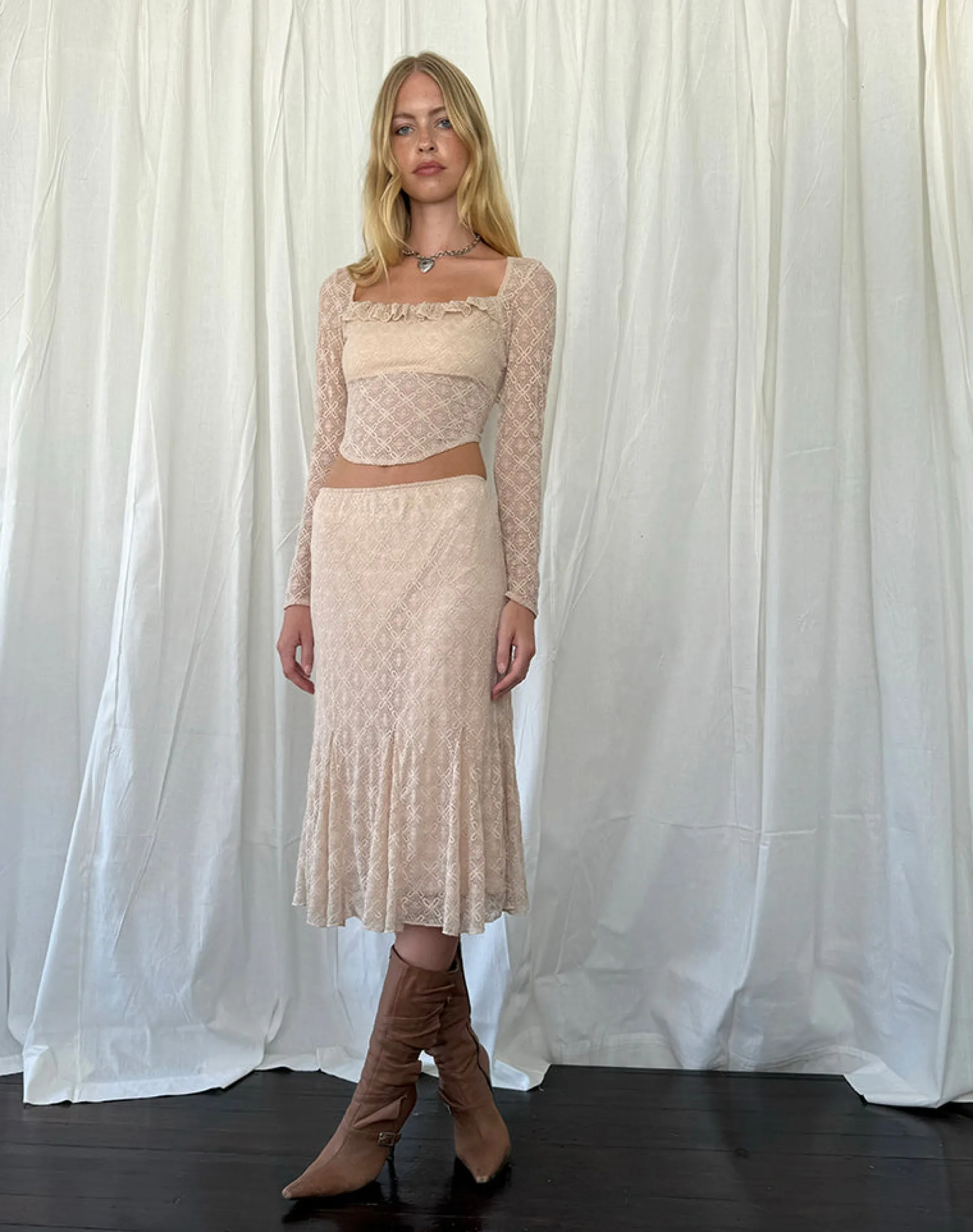 Motel Rocks Midi Skirts-Betharia Frill Detail Midi Skirt in Nude Lace NudeLace