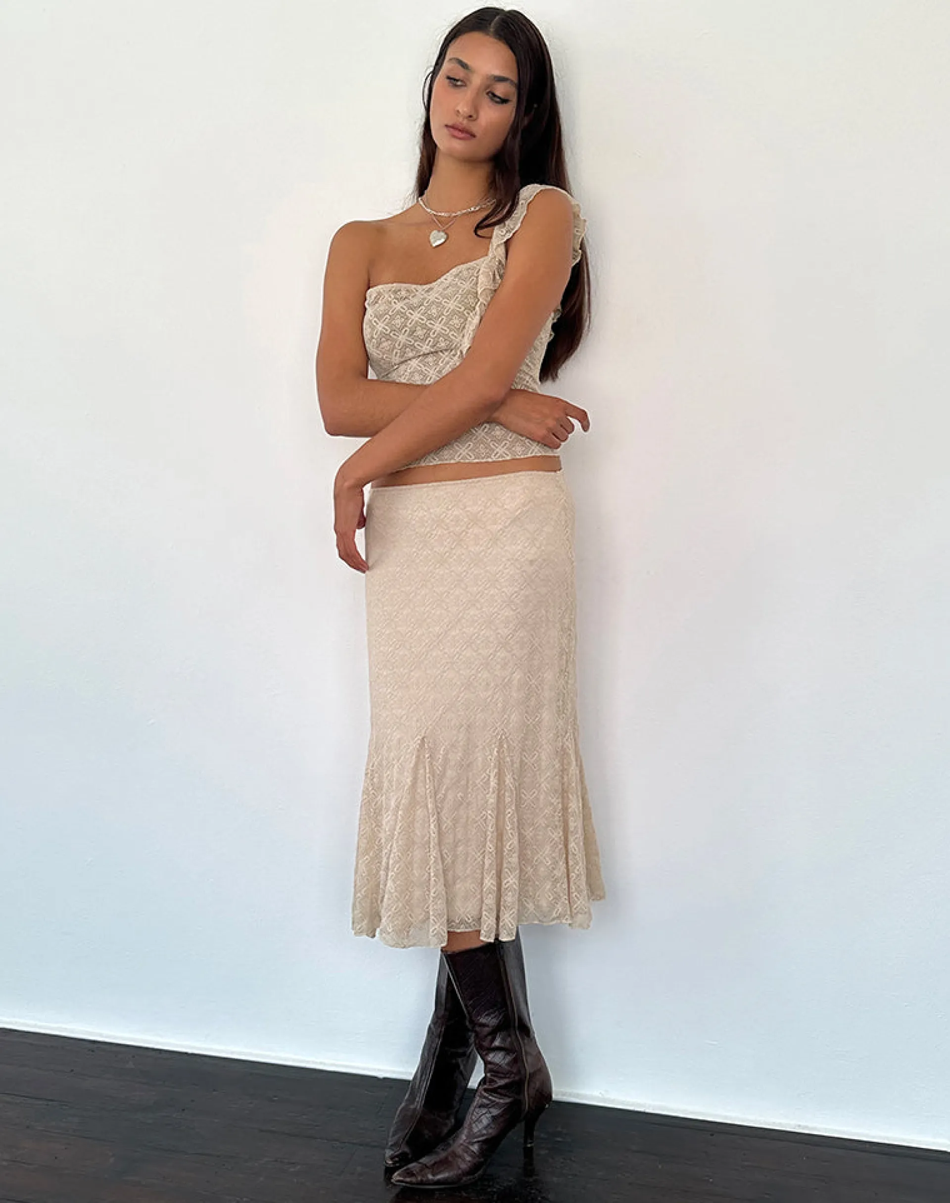 Motel Rocks Midi Skirts-Betharia Frill Detail Midi Skirt in Nude Lace NudeLace