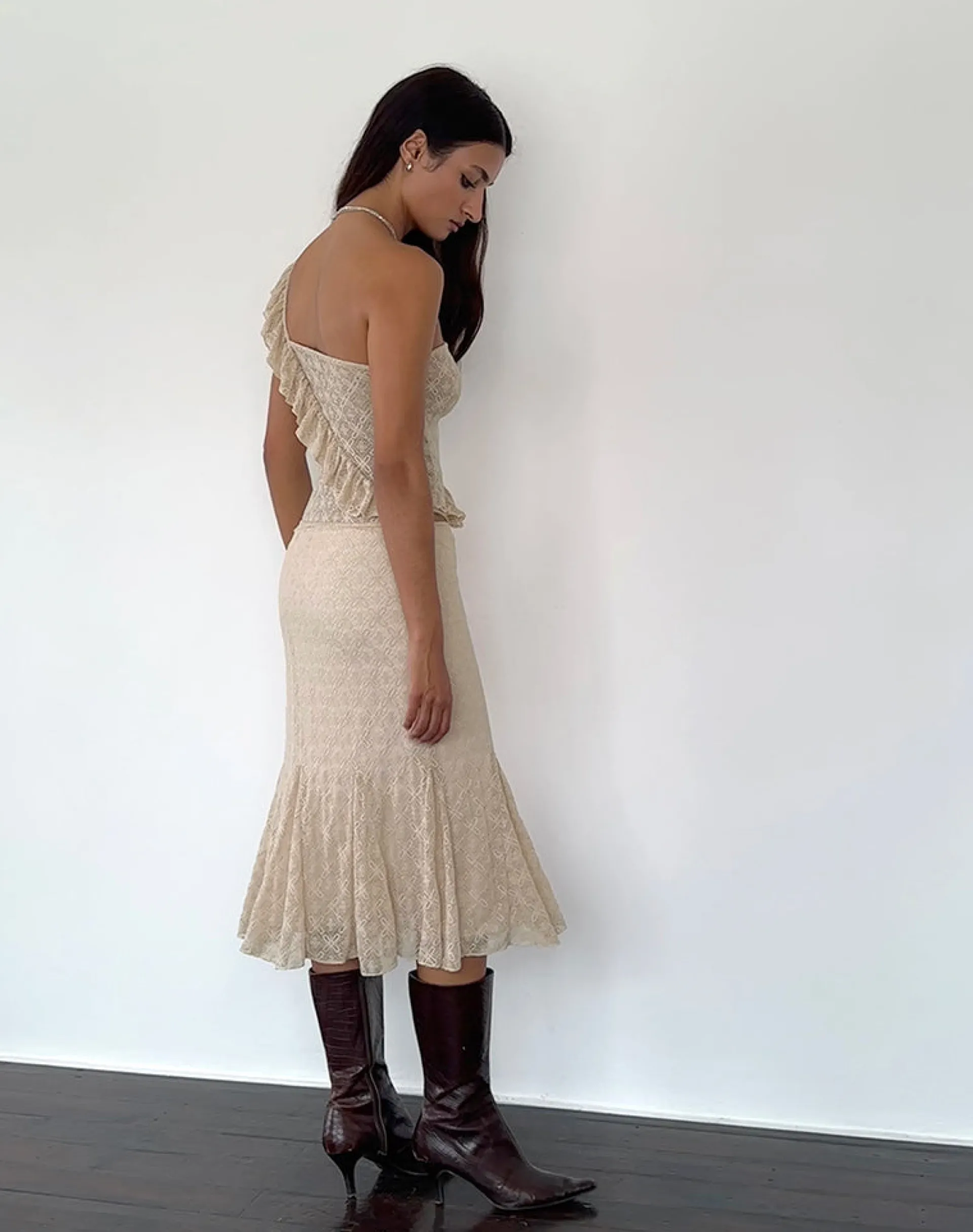 Motel Rocks Midi Skirts-Betharia Frill Detail Midi Skirt in Nude Lace NudeLace