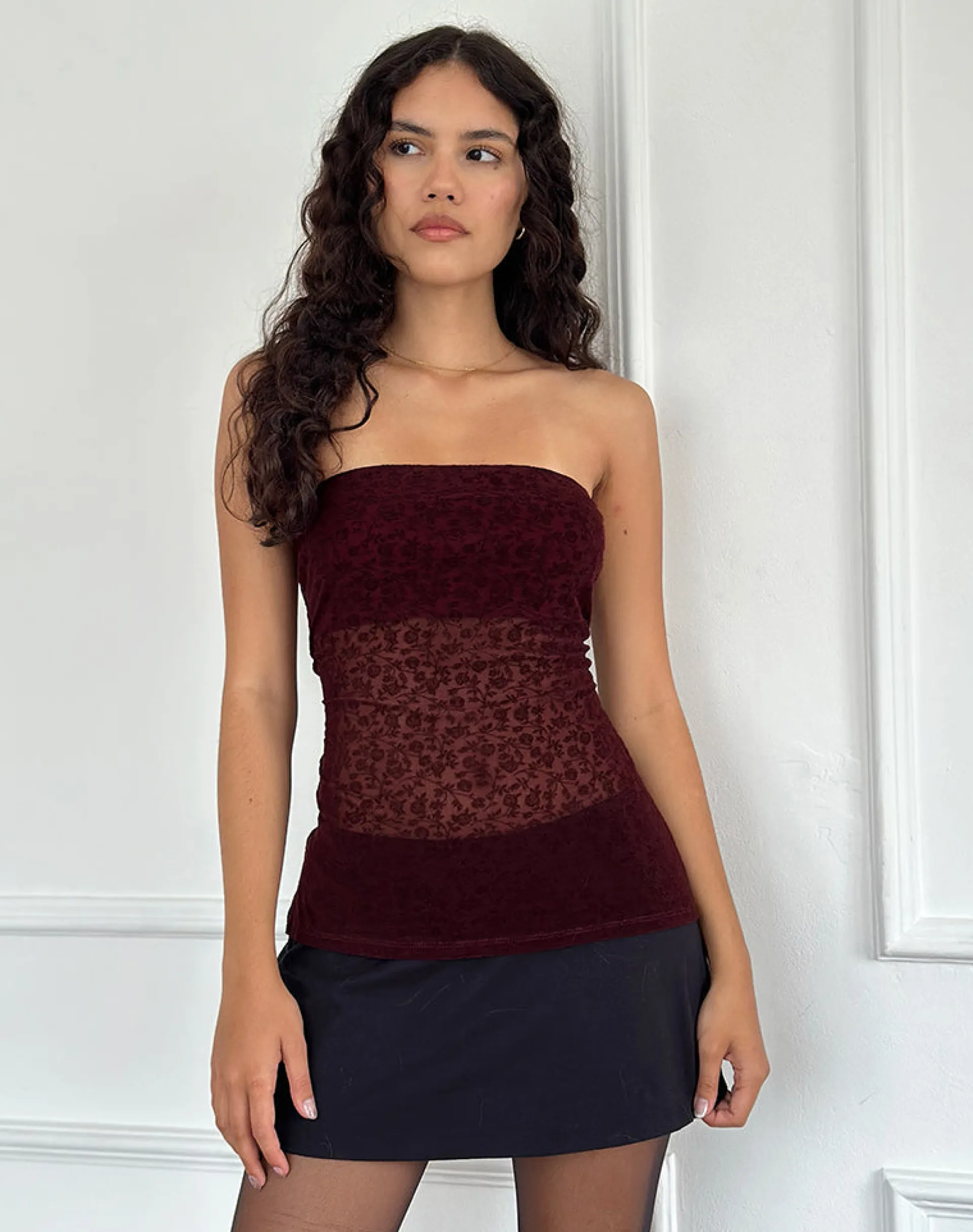 Motel Rocks Bandeau Tops | Going Out Tops-Bilancia Bandeau Top in Ditsy Flock Burnt Maroon DitsyFlockBurntMaroon