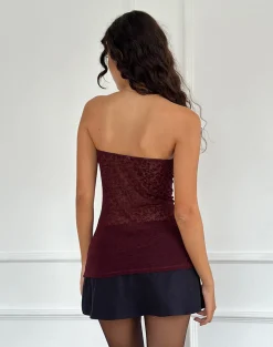 Motel Rocks Bandeau Tops | Going Out Tops-Bilancia Bandeau Top in Ditsy Flock Burnt Maroon DitsyFlockBurntMaroon