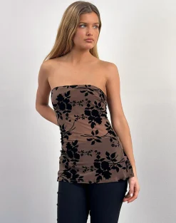 Motel Rocks Printed Tops | Bandeau Tops-Bilancia Bandeau Top in Flock Brown FlockBrown