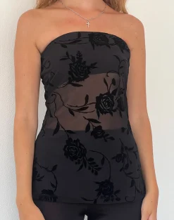 Motel Rocks Bandeau Tops | Going Out Tops-Bilancia Bandeau Top in Rose Flock Black RoseFlockBlack