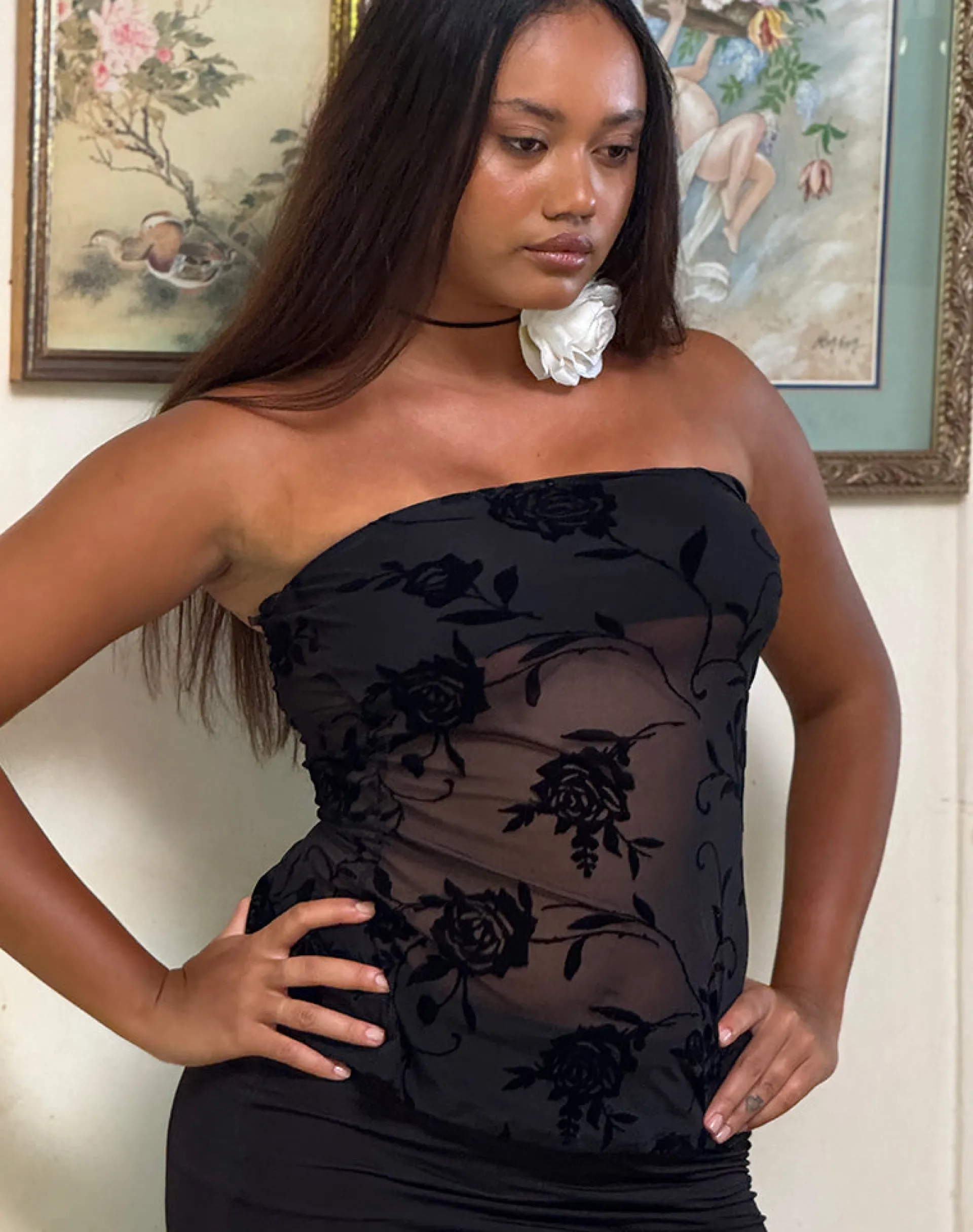 Motel Rocks Bandeau Tops | Going Out Tops-Bilancia Bandeau Top in Rose Flock Black RoseFlockBlack