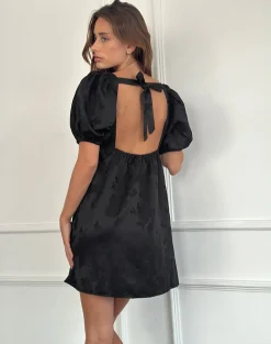 Motel Rocks Party Dresses | Mini Dresses-Bimbi Babydoll Mini Dress in Satin Jacquard Black