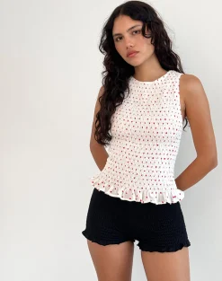 Motel Rocks Vest Tops | Printed Tops-Birita Shirred Tank Top in White and Red Polkadot WhiteandRedPolkadot