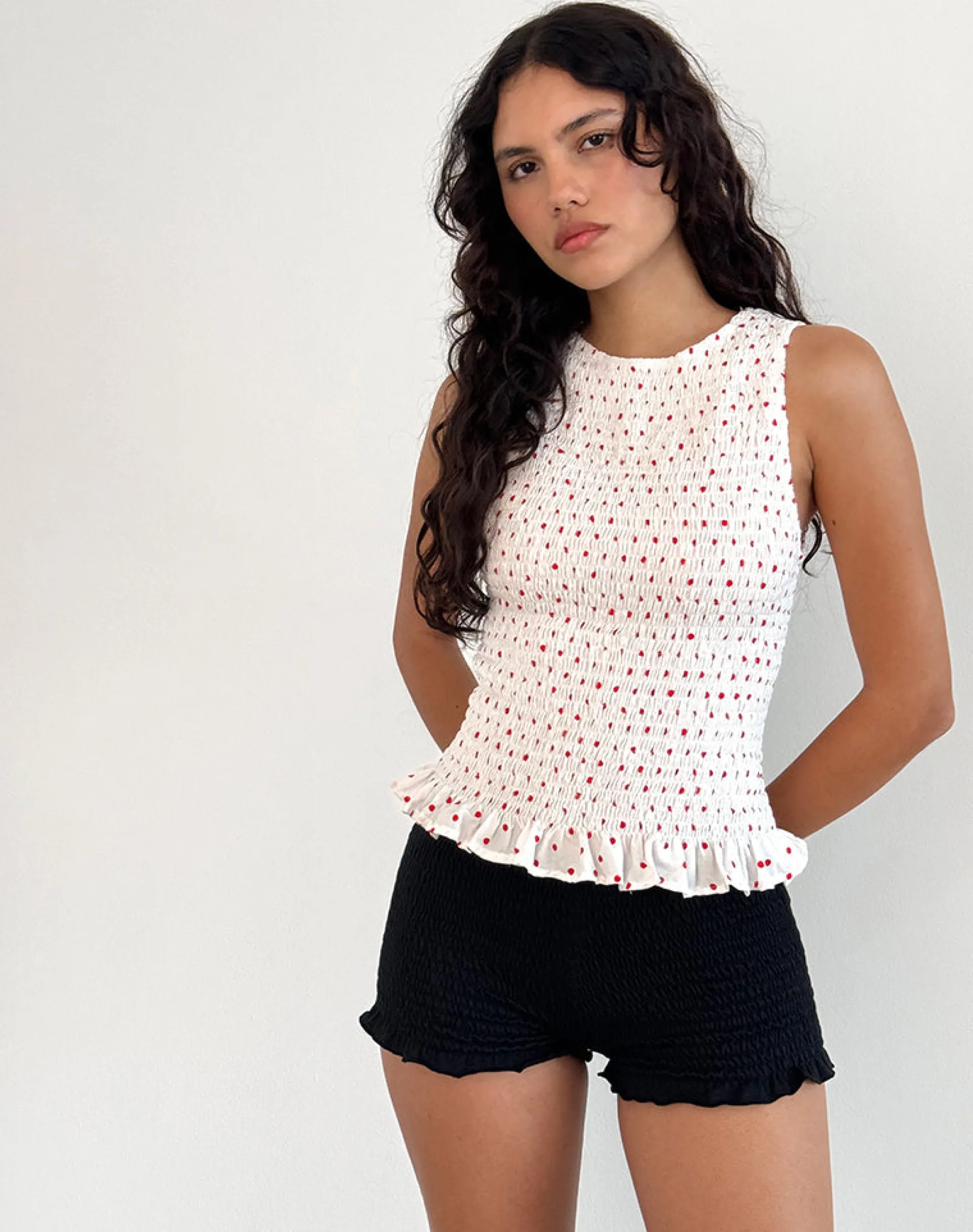 Motel Rocks Vest Tops | Printed Tops-Birita Shirred Tank Top in White and Red Polkadot WhiteandRedPolkadot