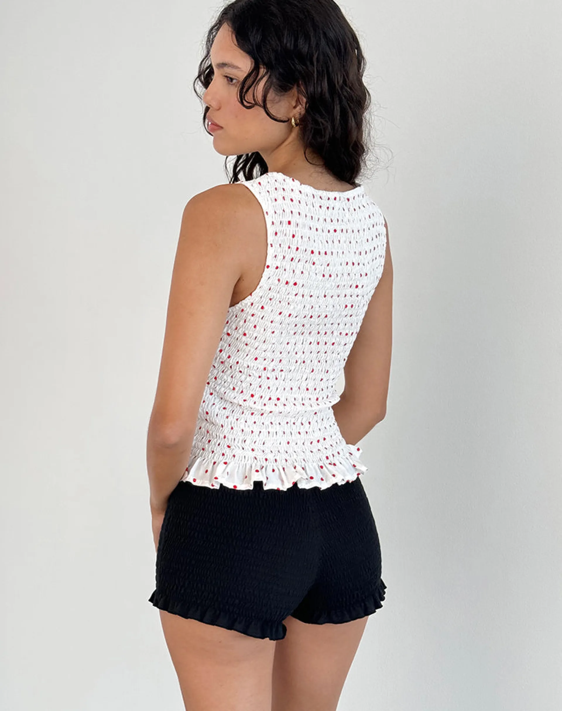 Motel Rocks Vest Tops | Printed Tops-Birita Shirred Tank Top in White and Red Polkadot WhiteandRedPolkadot