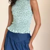 Motel Rocks Printed Tops-Birita Shirred Top in Pretty Petal Green prettypetalgreen