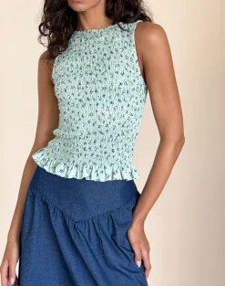 Motel Rocks Printed Tops-Birita Shirred Top in Pretty Petal Green prettypetalgreen